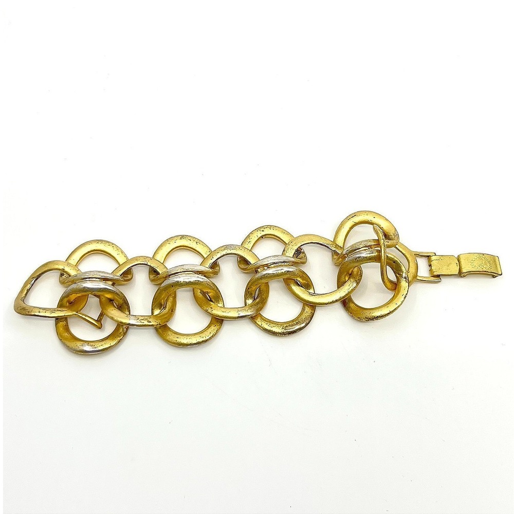 Vintage Boho Chunky Gold Tone Interlocking Circle Link Statement Bracelet Heart
